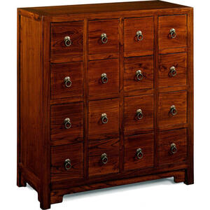 Chinese Wooden Hundred Eye 16 Drawer Chest - Dark Elm with Brass Handles