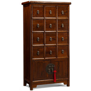 Chinese Tall Wooden Apothecary Cabinet - Dark Elm with Brass Handles