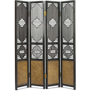 Oriental Ming 4 Panel Wooden Divider Screen - Black Lacquer