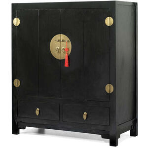 Chinese Wooden 2 Door 2 Drawer TV Cabinet - Black Lacquer with Brass Handles