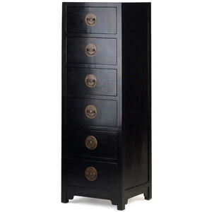 Chinese Ming Wooden 6 Drawer Tall Boy Chest - Black Lacquer with Brass Handles