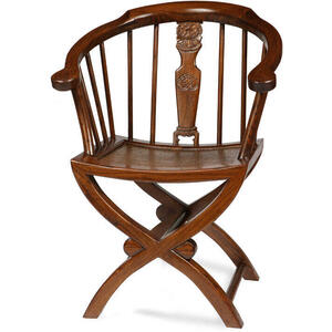 Chinese Cross Legged Wooden Armchair - Dark Elm