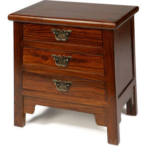 Oriental Wooden Butterfly 3 Drawer Bedside Table - Dark Elm