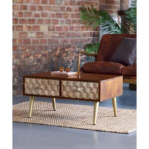 Edison Retro Wood & Gold Coffee Table 2 Drawers 