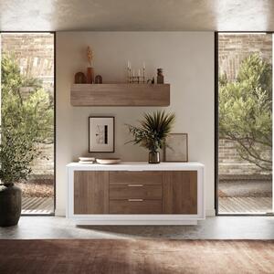 Luna Two Doors / Three Central Drawers Sideboard - Matt White and Mercure Oak  Finish